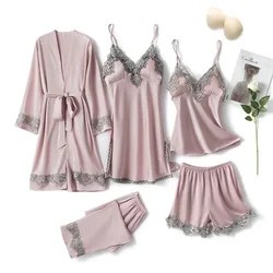 Pink Women Rayon 5PCS Robe Gown Sets Sexy Lace Floral Trim Bride Dressing Sleep Suit Loose Lingerie Pajamas Set Kimono Nightgown