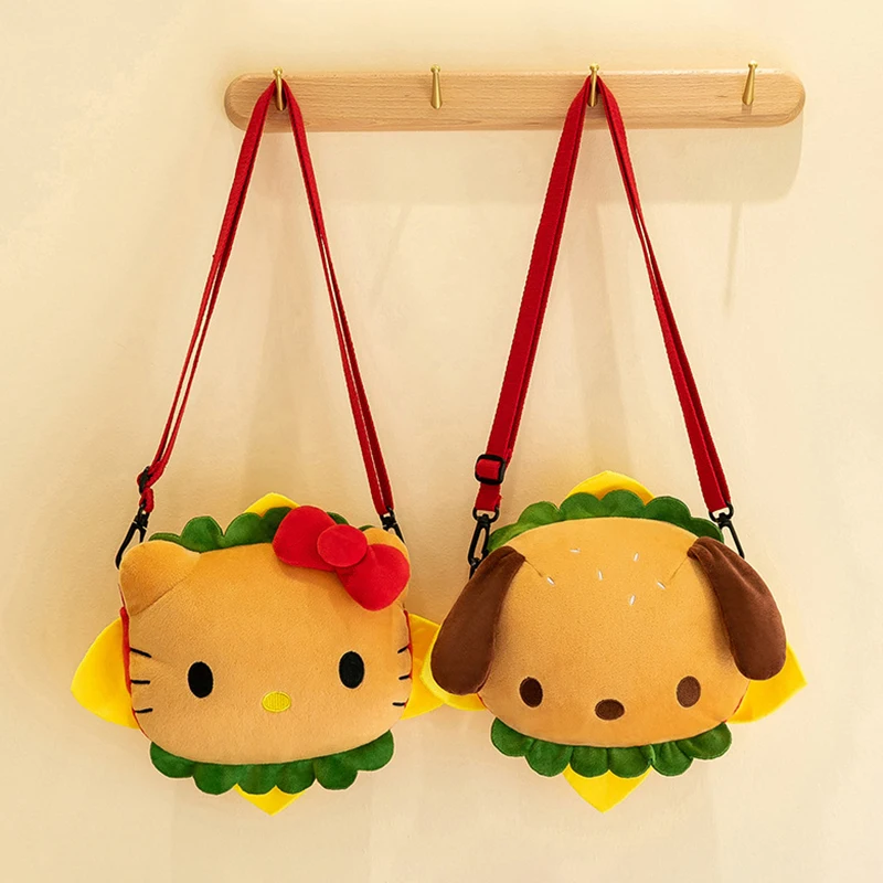 Kawaii Sanrio Hello Kitty Hamburger Funny Plush Shoulder Bags Cute Cartoon Stuffed Y2K Korean Style Crossbody Gifts For Girls