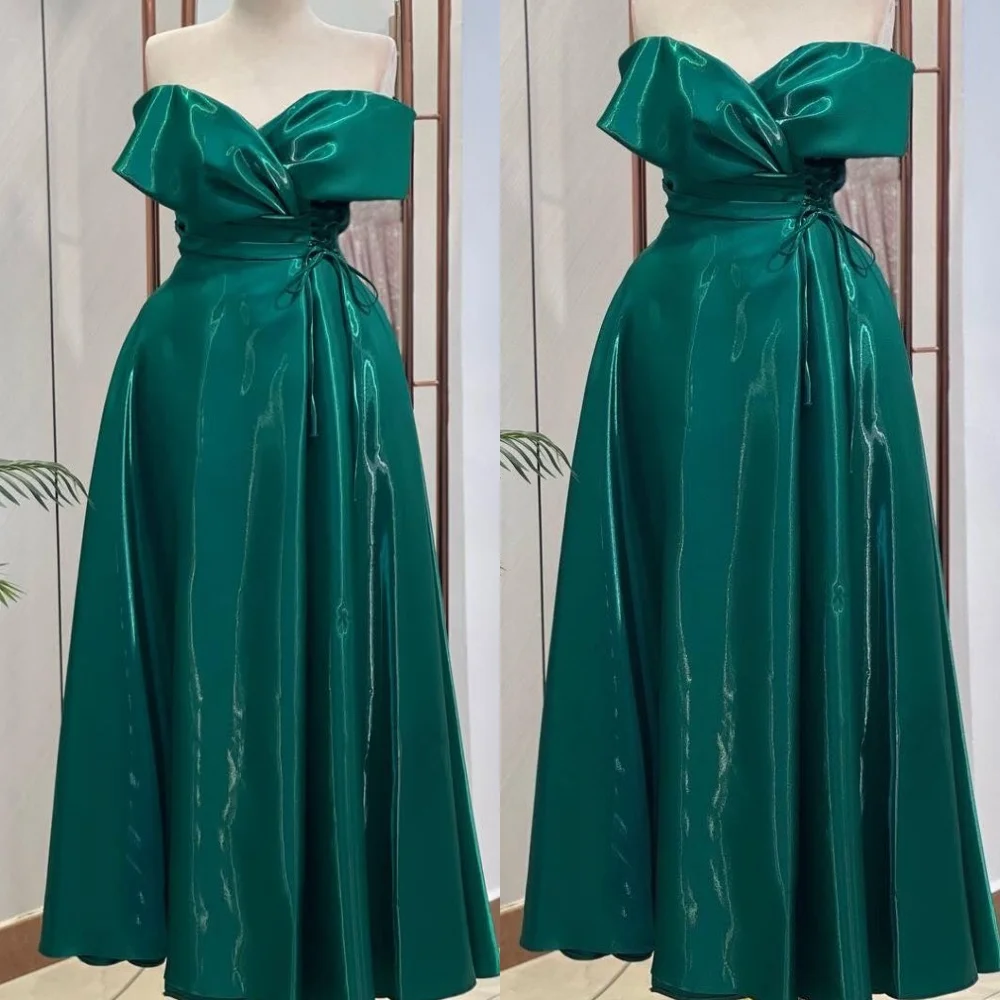 Customized Classic Blue Satin Evening Dress Exquisite Strapless Off the Shoulder Sleeveless Lace Up Back Special Occasion Gowns