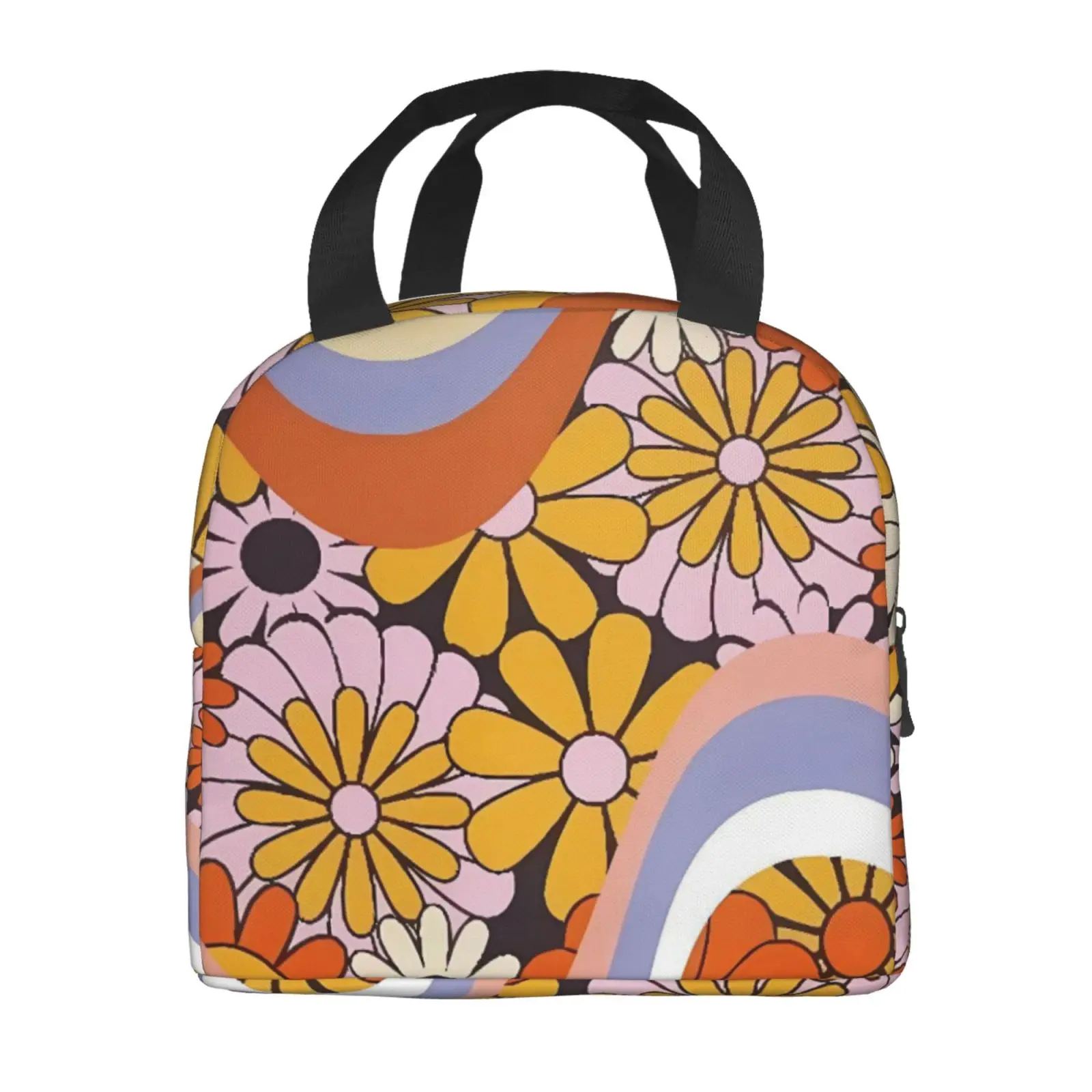Hippie Floral Pattern Insulated Lunch Bag for School Waterproof Cooler Thermal Lunch Box Women Children Food Container Tote Bags