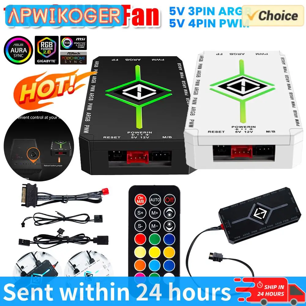 1 To 9 3 in 1 5V 3 Pin ARGB Controller Cooling Fan Hub w/ Remote 4 Pin PWM Magnetic Suction Hub SATA Powered for PC Case