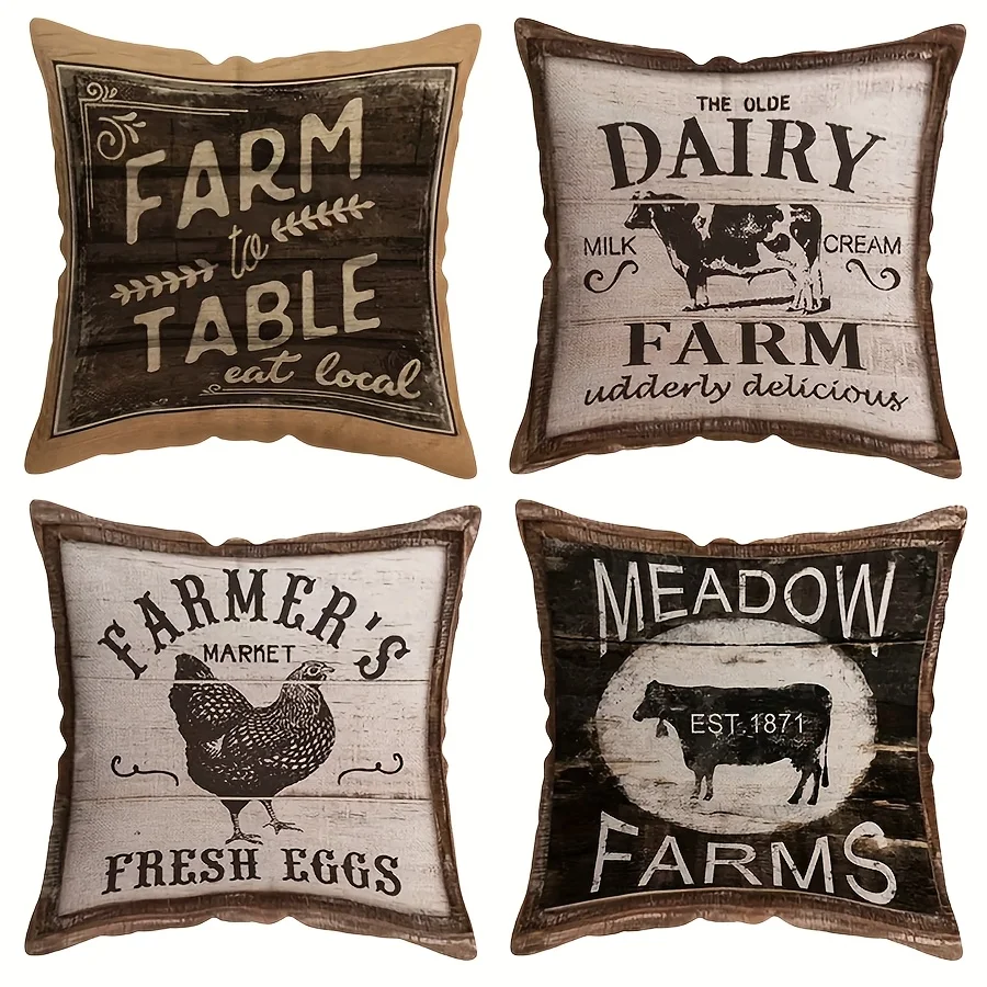 4Pcs Rustic Woodgrain Pillow Covers - Farm Animal Rooster/Bull Print Polyester Cushion Covers for Vintage Cottage Decor