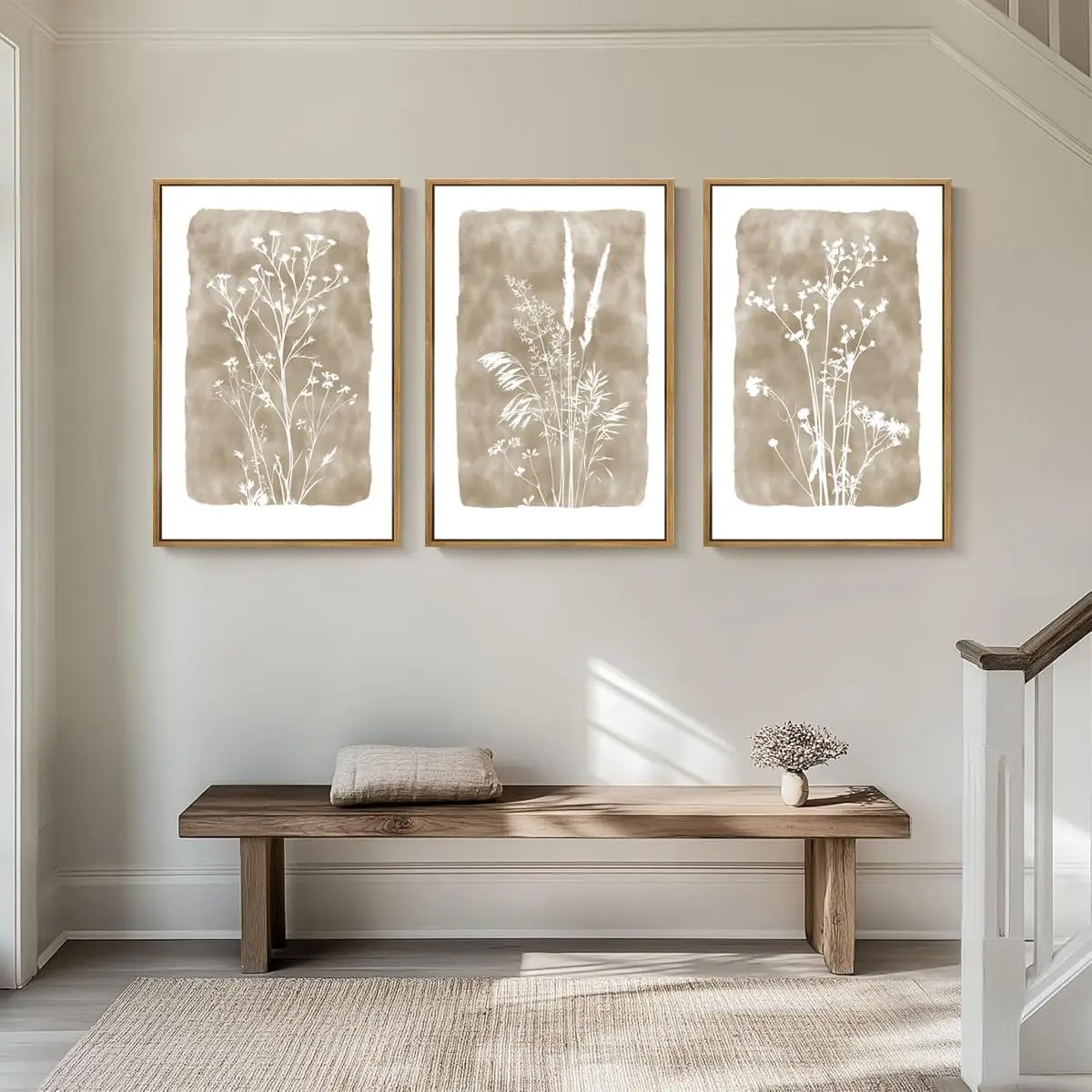 Juego de 3 piezas de pinturas en lienzo sin marco, carteles de lienzo con plantas y flores en color beige, decoraciones de pared