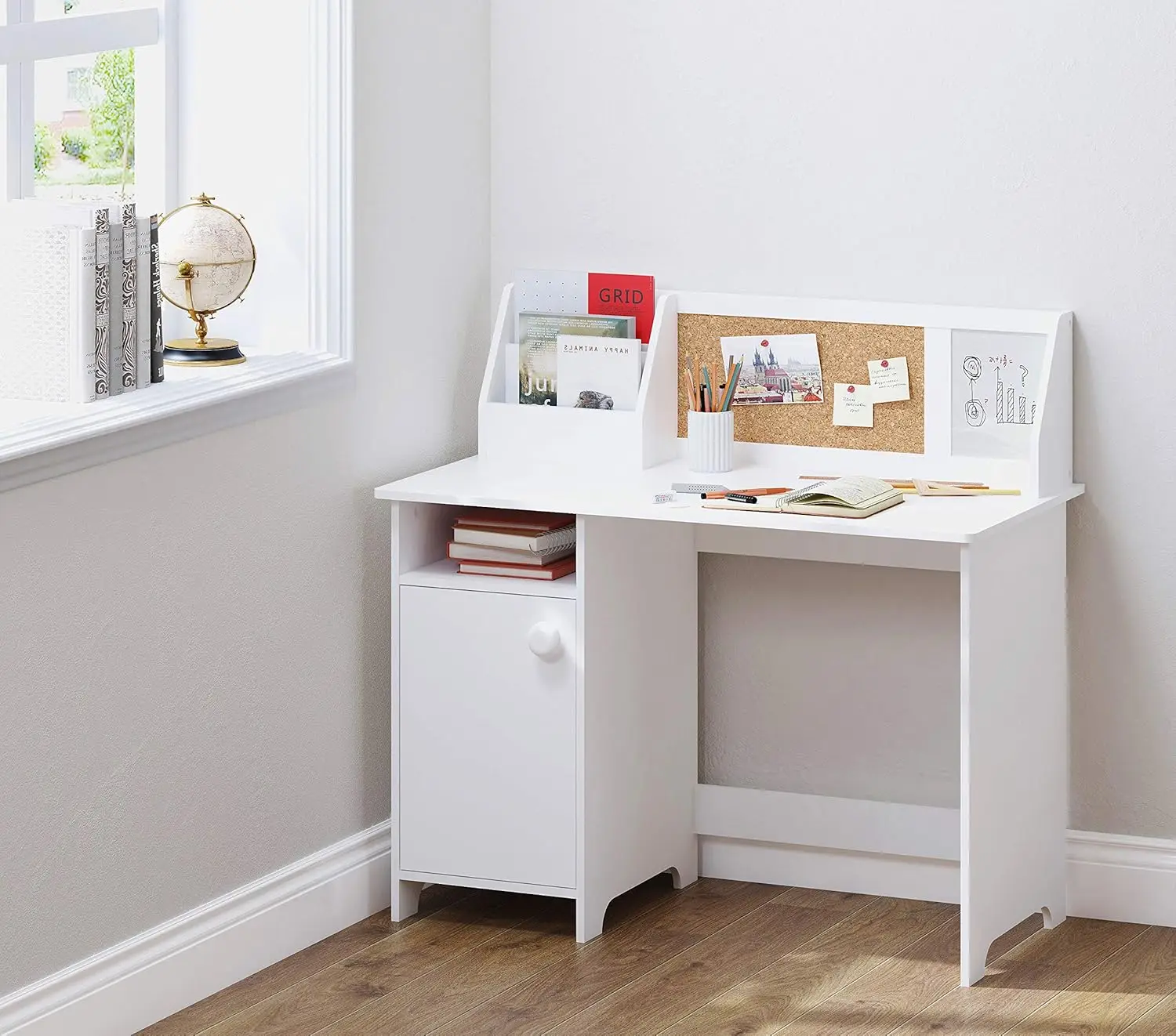 Bureau d'étude pour enfants avec rangement, table d'étude scolaire en bois pour enfants avec clapier et armoire de rangement pour filles et garçons de 3 à 8 ans