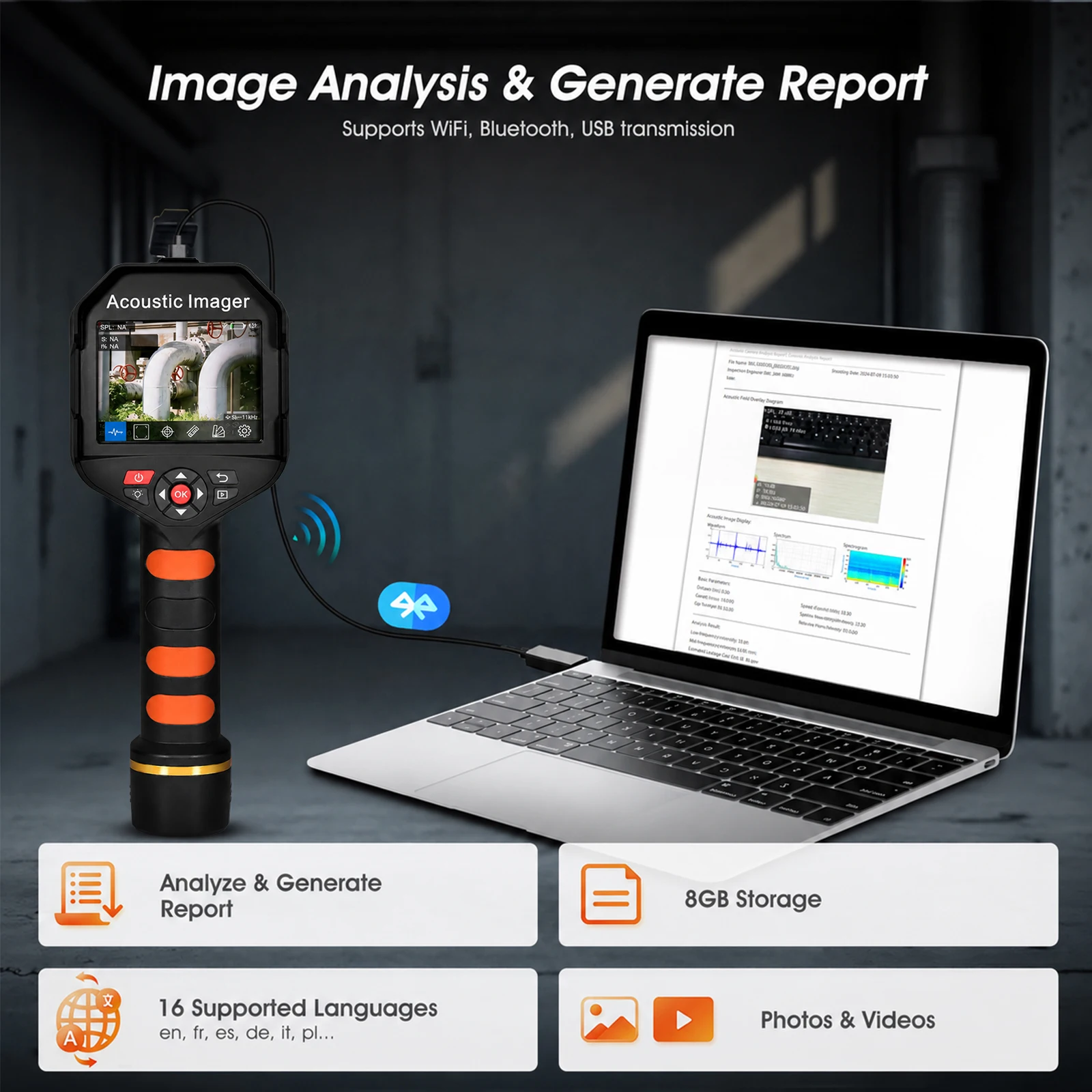 BTMETER Ultrasonic Gas Leak Detector Handheld Acoustic Imager 64-Mic Array, 2-100kHz, PD Tester with 1200W Camera, 0.3-50m Range