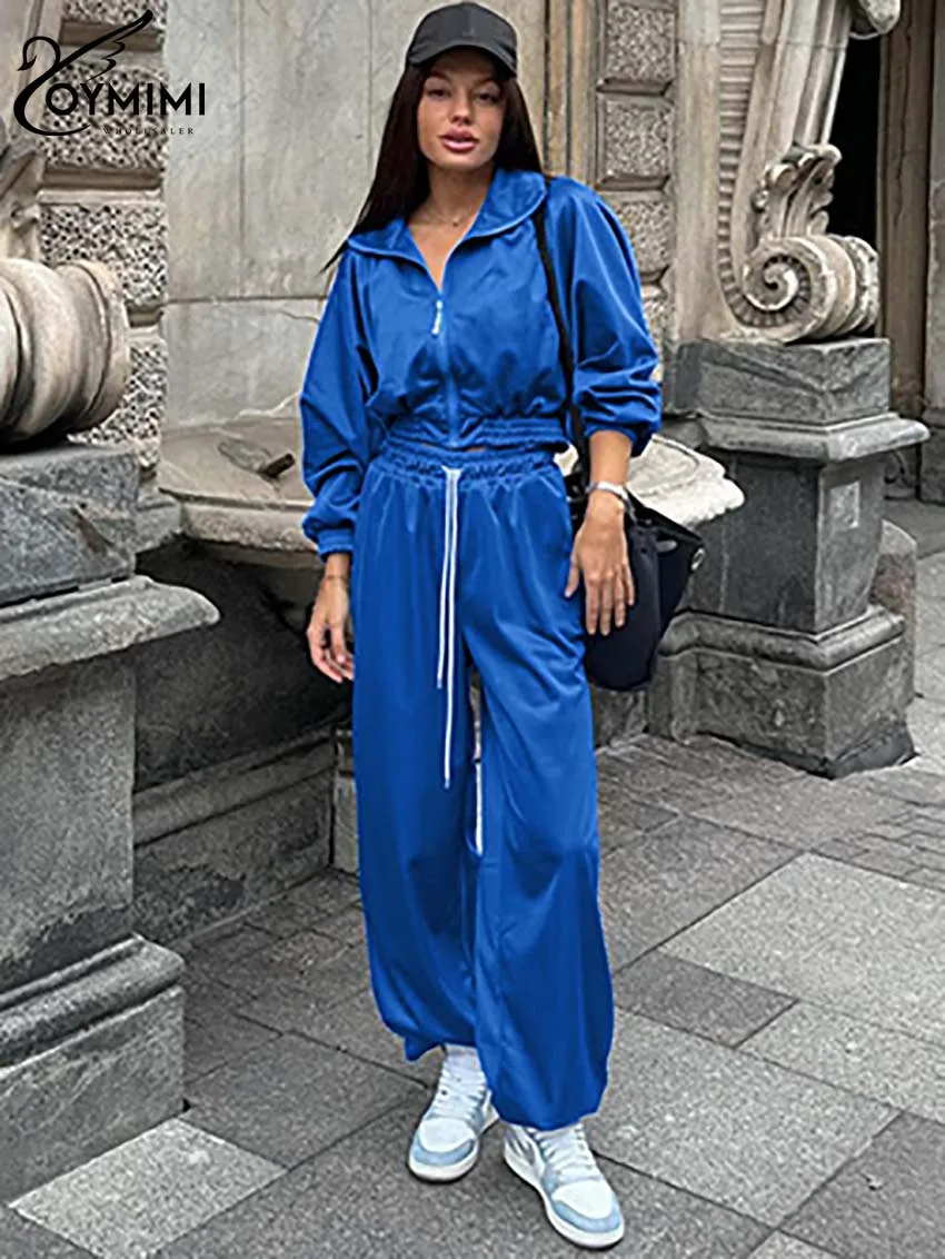 

Oymimi Causal Blue Two Piece Set For Women Fashion Long Sleeve Zipper Crop Shirts And Drawstring Straight Pants Sets Streetwear