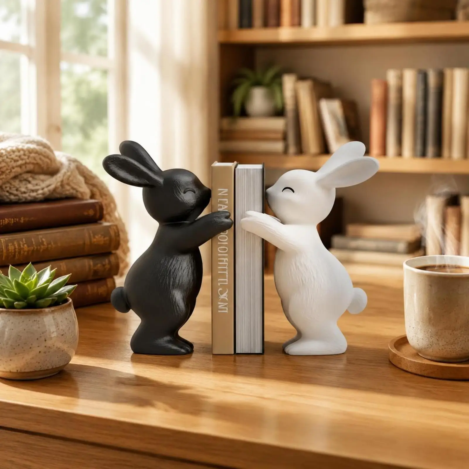 Nordic Bookend Sculpture Minimalist Hare Figure Resin Book Stand for Study Living Room Bookshelf Decor