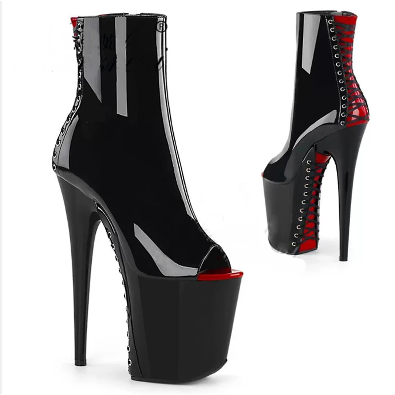 

20cm Pole Dance Shoes Platform Sexy Women Stripper Ankle Boots 8 Inch High Heels Fashion Gothic Fetish Queen Black Lacing Red