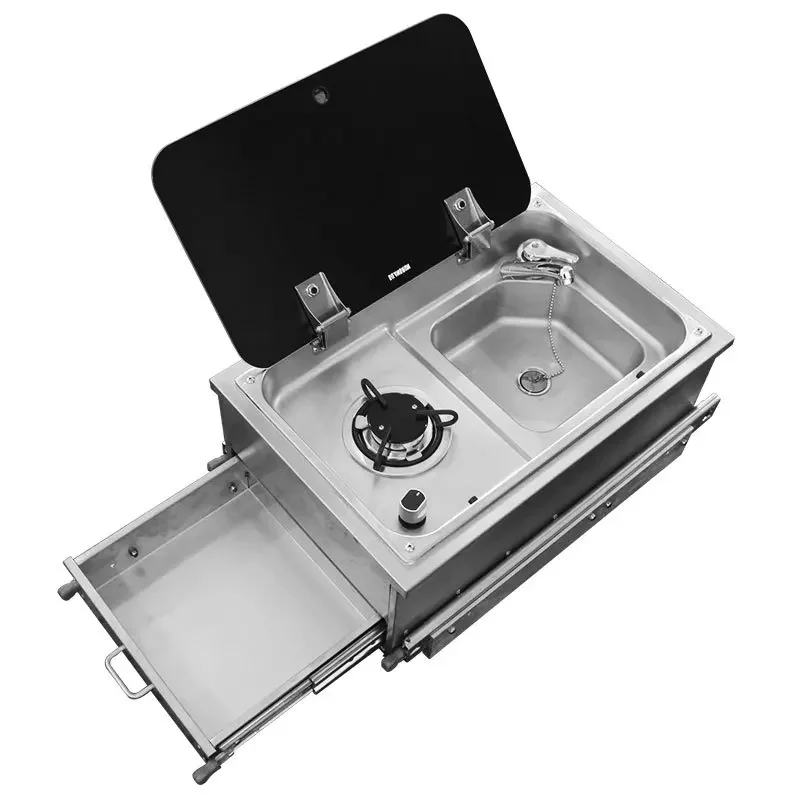 

RV pull-out sink 304 stainless steel with built-in pulse ignition gas stove with drawer tempered glass cover