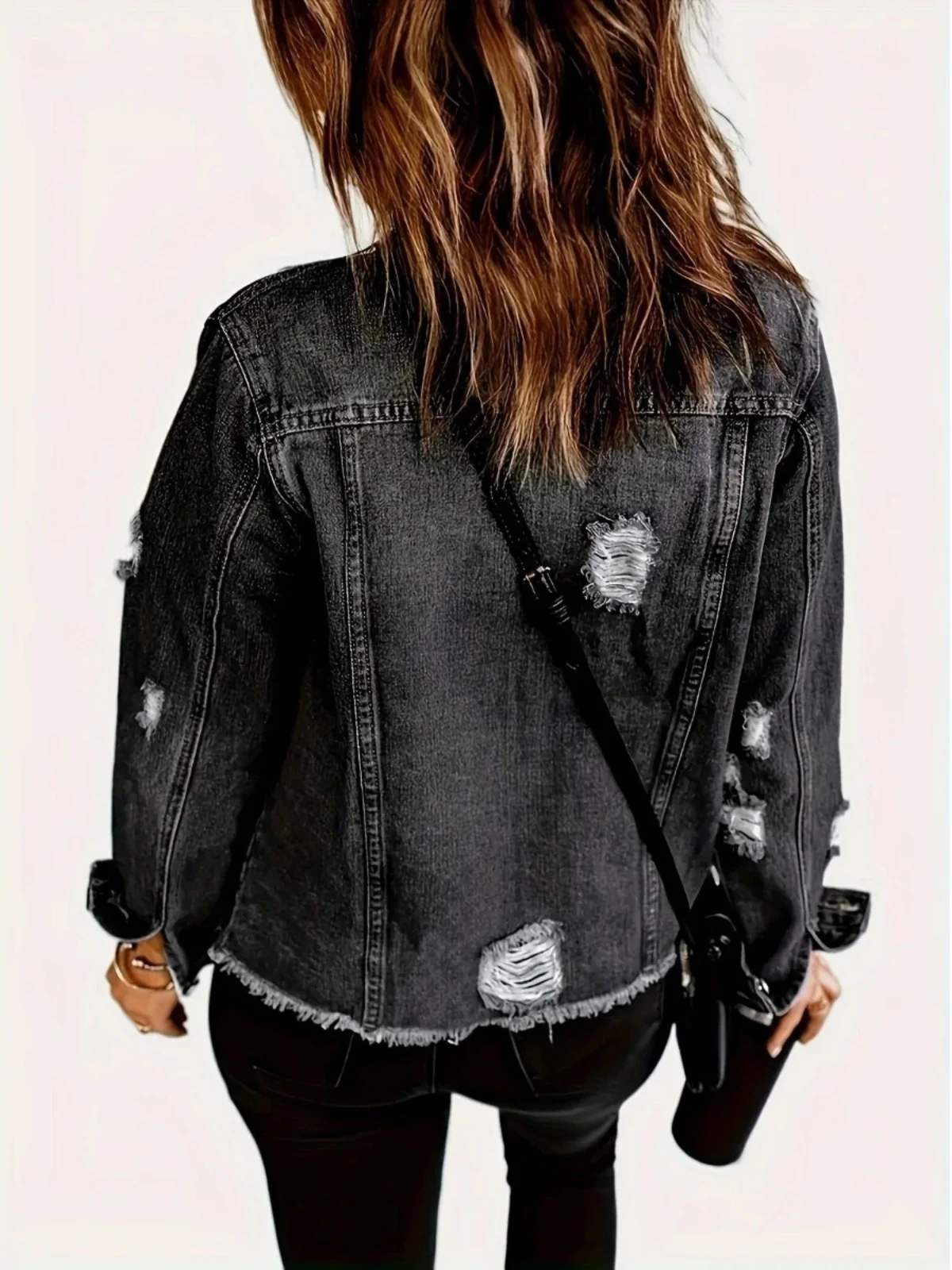 Długi płaszcz jeansowy Tagkita z dziurami, kołnierzykiem i dziurami, luźny krój, zapinany na guziki, odzież wierzchnia damska.