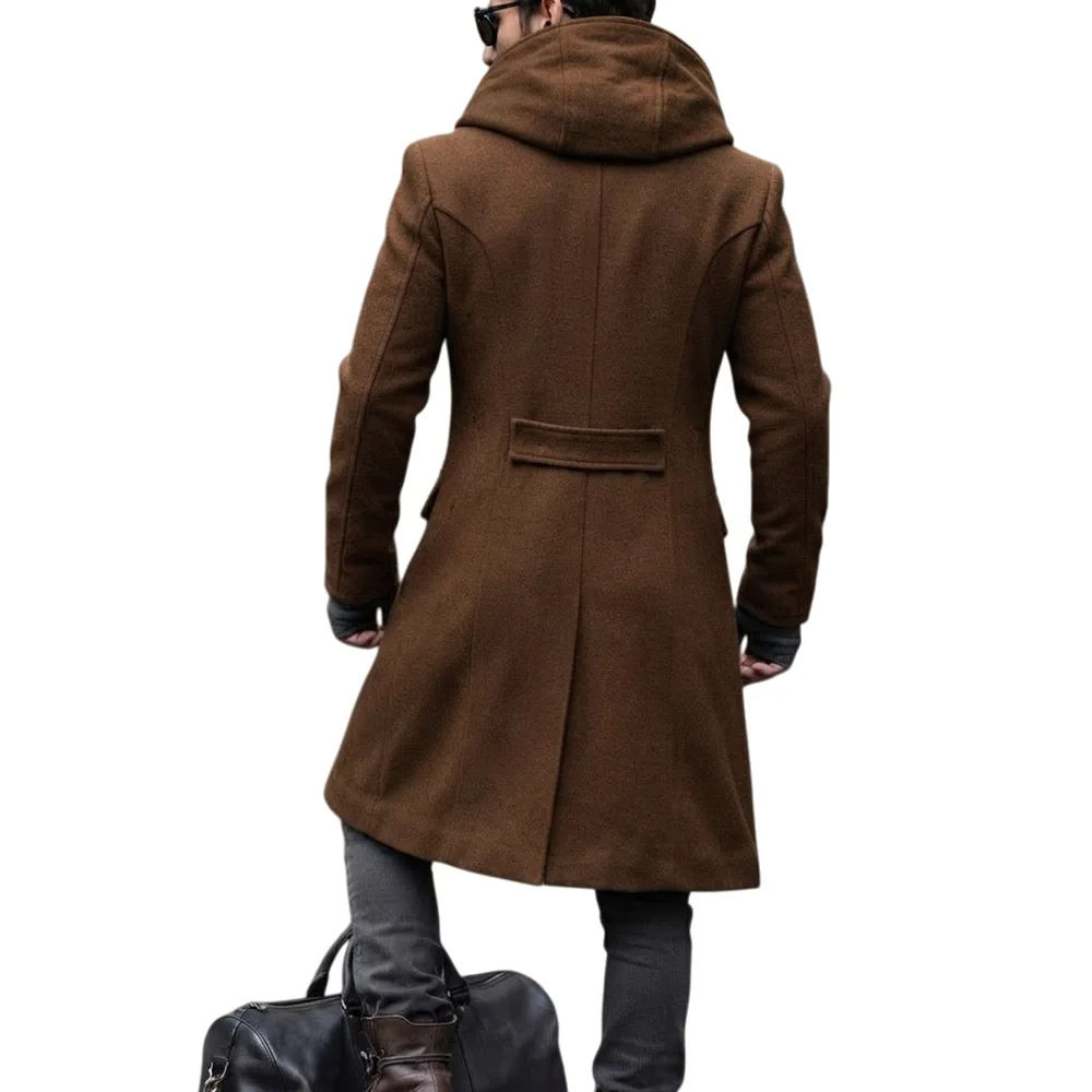 Men Hooded Wool Blends Trench Coat Double Breasted Mid Length Overcoat Work Casual Thick Warm Jacket Pockets Autumn Winter 2026