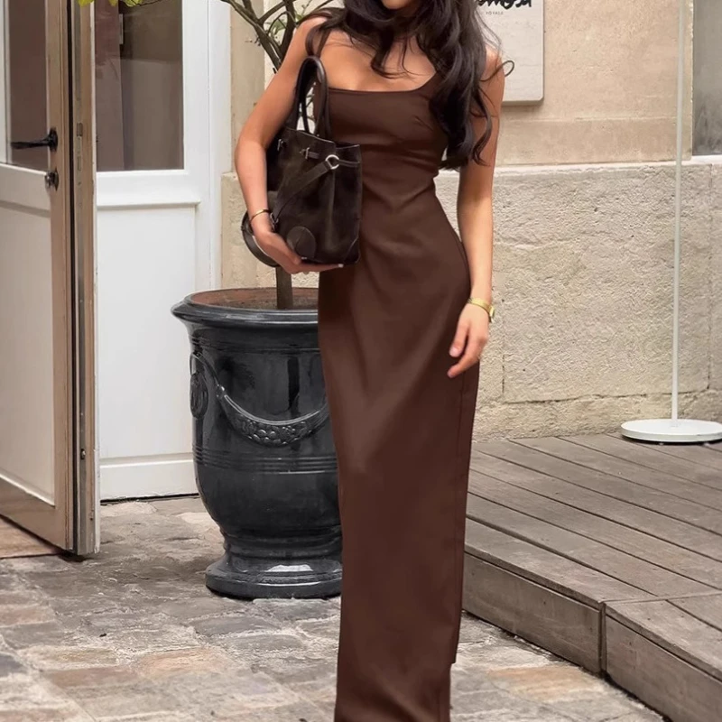 

2025 Autumn New Retro Brown Strap Skirt Elegant Interior Dress A-line Long Dress Women's Wear