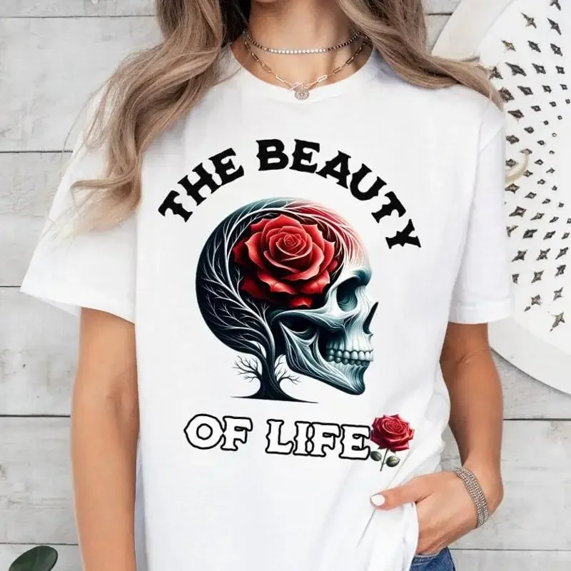 Skull Rose Tree Beauty of life T Shirt gift Gothic Style