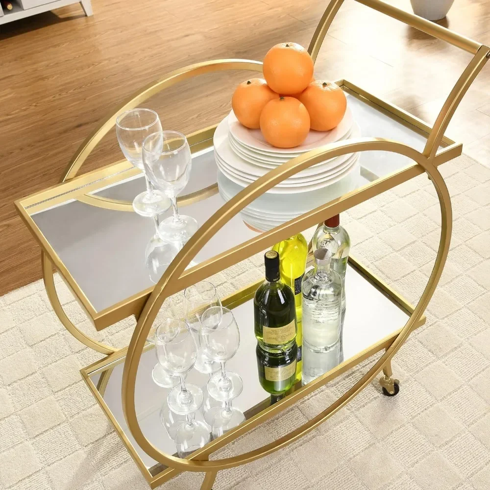 Gold Odessa Bar Cart, 2 Tier Mobile Mini Bar, Kitchen Serving Cart and Coffee Station with Storage for Liquor, Metal and Mirror