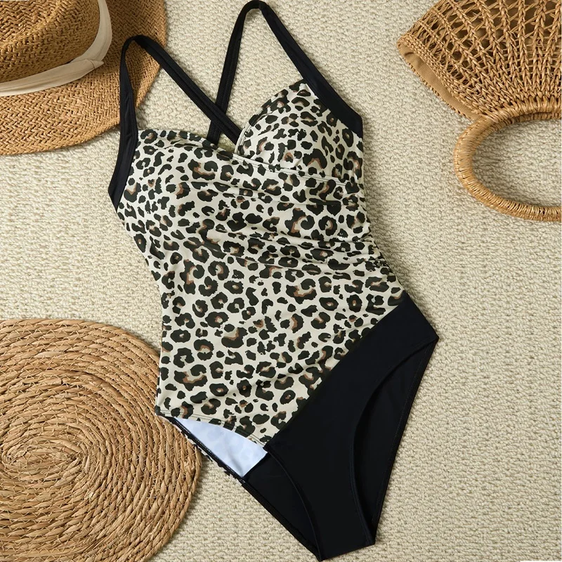 

2026 V-Neck Swimwear Leopard Women's One Piece Swimsuit Patchwork Cross Front Back SelfTie Tummy Control Slimming Bathing Suit