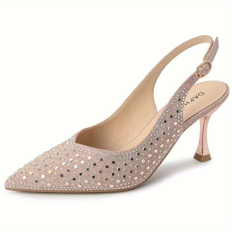 Rhinestone Decor Stiletto Heels, Elegant Point Toe Dress Pumps, Fashion Buckle Strap Slingback Heels