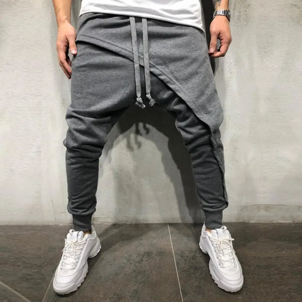 Men Harem Pants Solid Color Ankle Tied Streetwear Hip Hop Lace-up Double Layer Casual Men Trousers Bottoms Running Baggy Pants