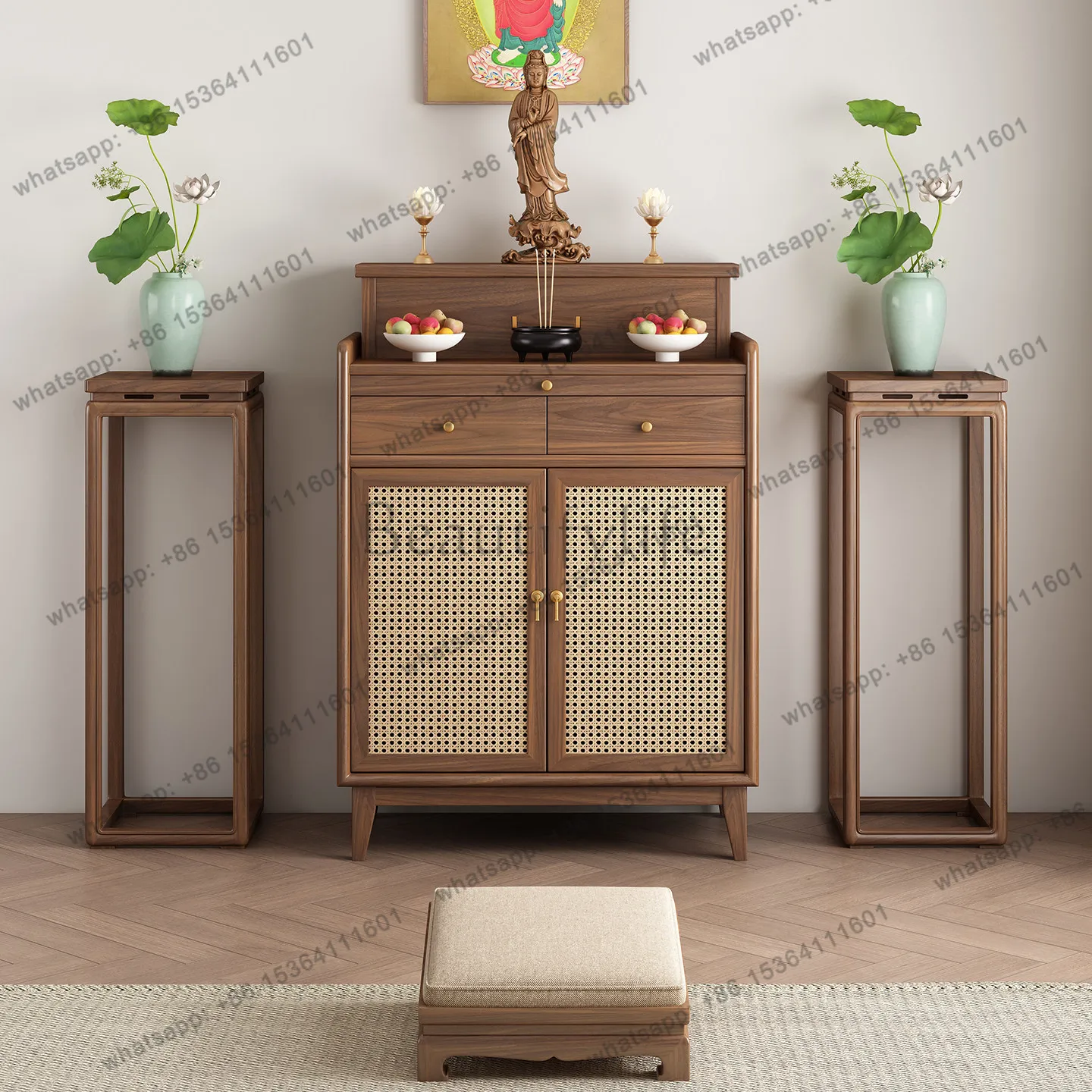 

Chinese-style table Solid wood Gongtai Buddha shrine cabinet Household solid wood rattan weaving