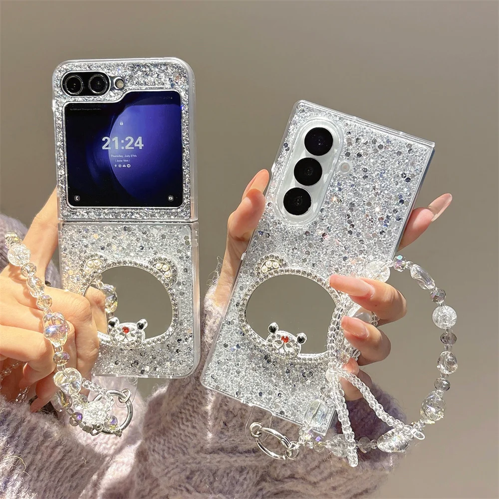 Luxury Kawaii Bear Makeup Mirror Glitter Phone Case for Samsung Galaxy Z Fold 7 Crystal Bead Wrist Strap Cover for Z Flip 7-3