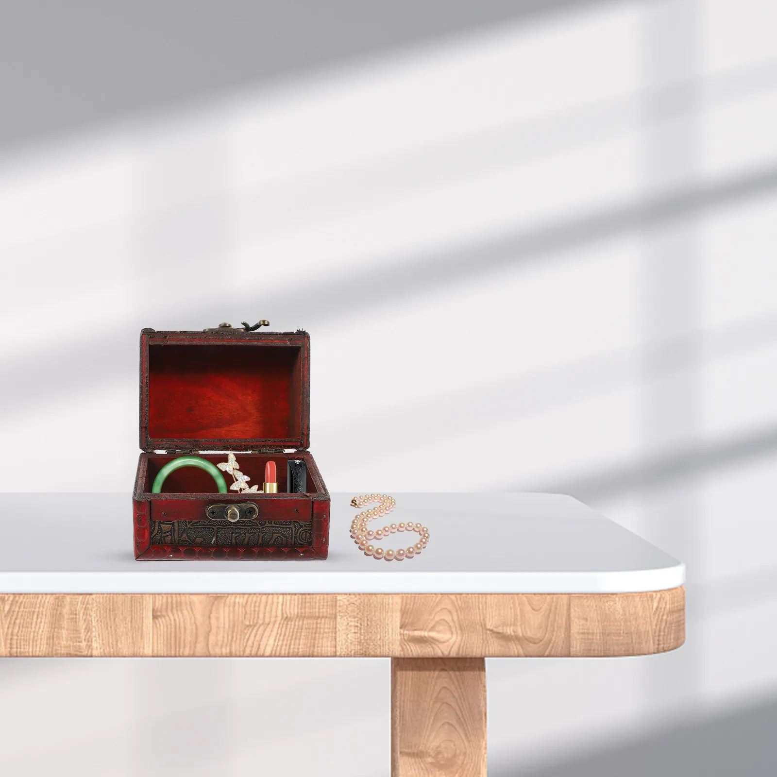 2Pcs Style Wooden Treasure Chest Vintage Jewelry Storage Box Retro Organizer for Desktop Bedroom Kitchen Closet Display
