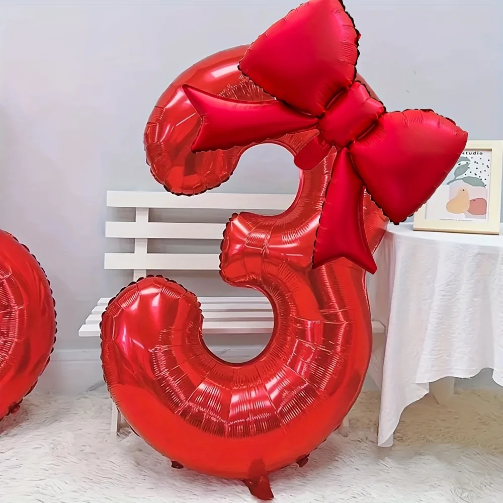 2 Stück Große 32-Zoll Rote Zahlenballons 0-9 mit Roter Schleife Folienballons für Geburtstagsfeier und Jubiläumsdekoration – Detail 7