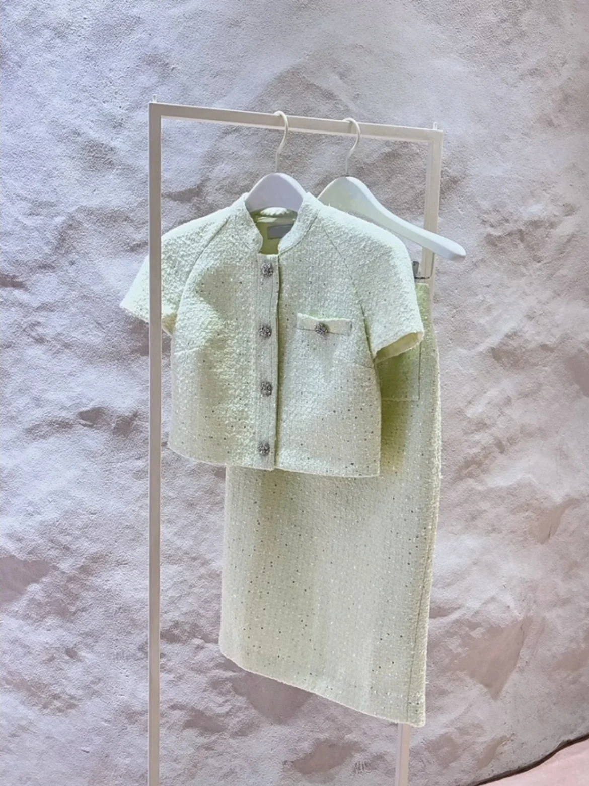 Spring Summer Light Green Tweed Top Skirt Set Short Sleeve Fashion Ensemble Women's Two-Piece Suit Casual Elegant Style
