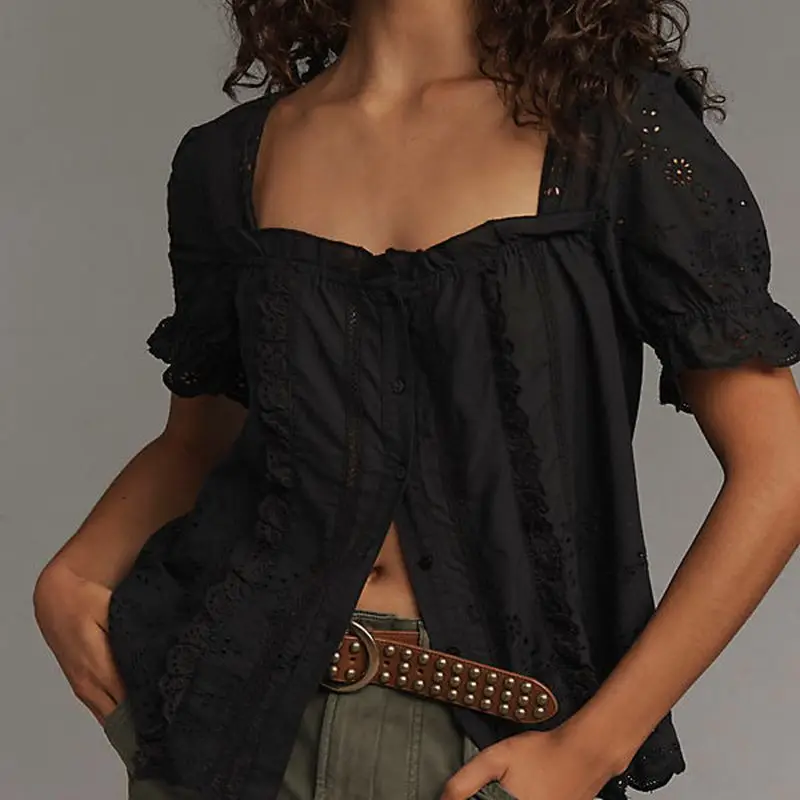 

Combhasaki Women Chic Shirt Short Puff Sleeve Square Neck Flower Hollow Out Button-up Closure Loose Fit Blouses Summer Tops