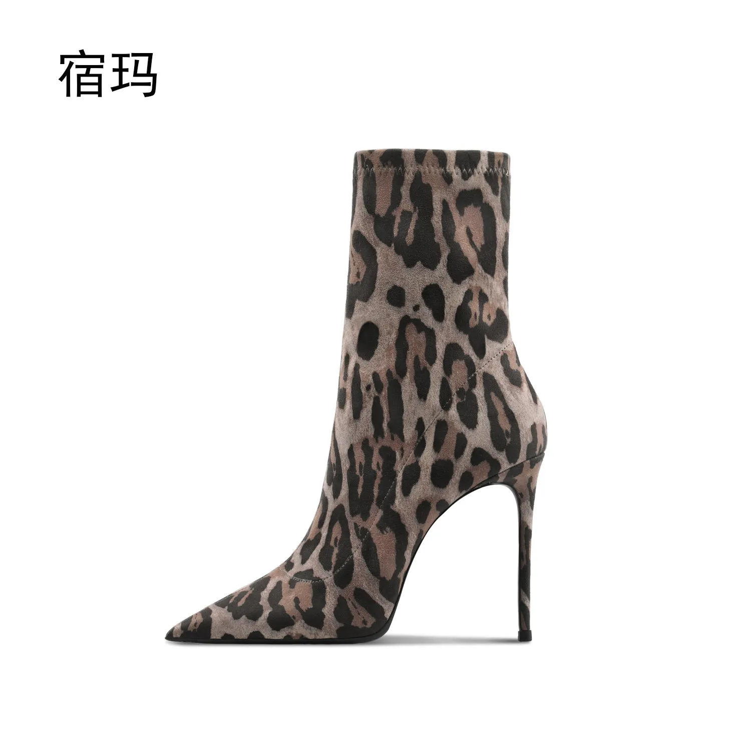 Brown Leopard Print Suede Stretch Boots 2026 New Women's Pointed Thin Heel Skinny Boots Commuter Fashion Comfortable Boots