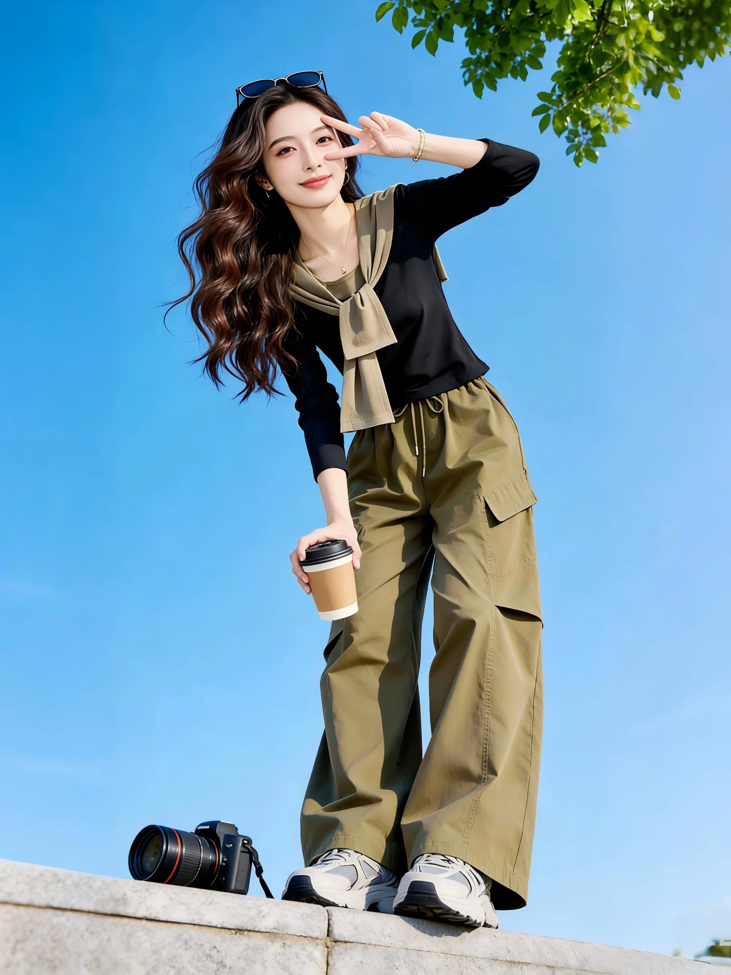 

Women's Spring Autumn New Color Block Shoulder Wrap Base Top Wide Leg Pants Set Fashionable Commute Style Regular Fit Two Piece