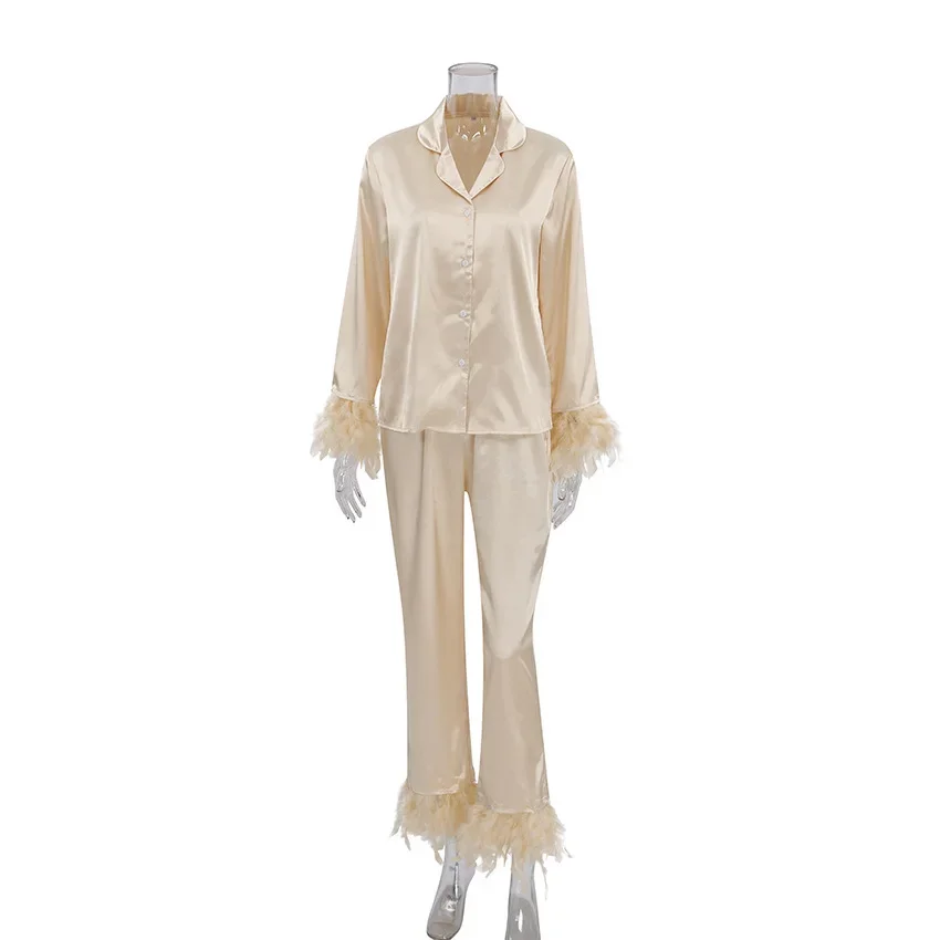 Feather Pajamas Women Night Clothes Ladies Blouse Pants Two Piece Set Women Outfit 2023 Sleeping Wear for Women Loungewear Set
