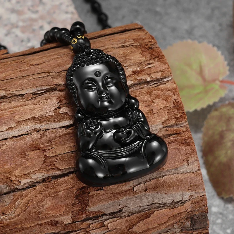 Obsidian Buddha Statue Pendant Gautama Buddha Crystal Necklace Men and Women Buddhist Amulet Prayer Jewelry