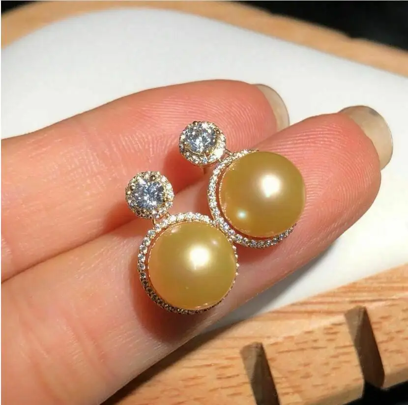 

Classic AAAAA 9-10mm South China Sea genuine gold pearl earrings 925S