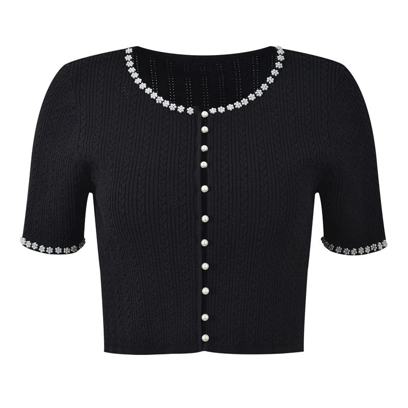Women Black Cardigan Tank Dress Diamond Flower Pearl Trim Single-Breasted Short-Sleeve Top For Her Elegant Autumn Date Night