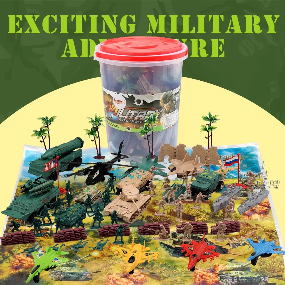 ViiKONDO Army Men Toy Military Playset Green Tan Soldier Storage Bucket Sea Land Air Battle Armor Vehicle Model Wargame Boy Gift