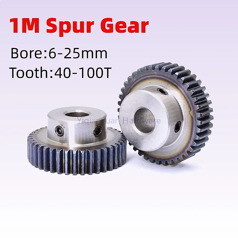 Yiqianyuan 1Piece 1M 45# Steel CNC Spur Gear 6-25mm Bore 40-100T Motor Pinion Mechanical Transmission Convex Gear