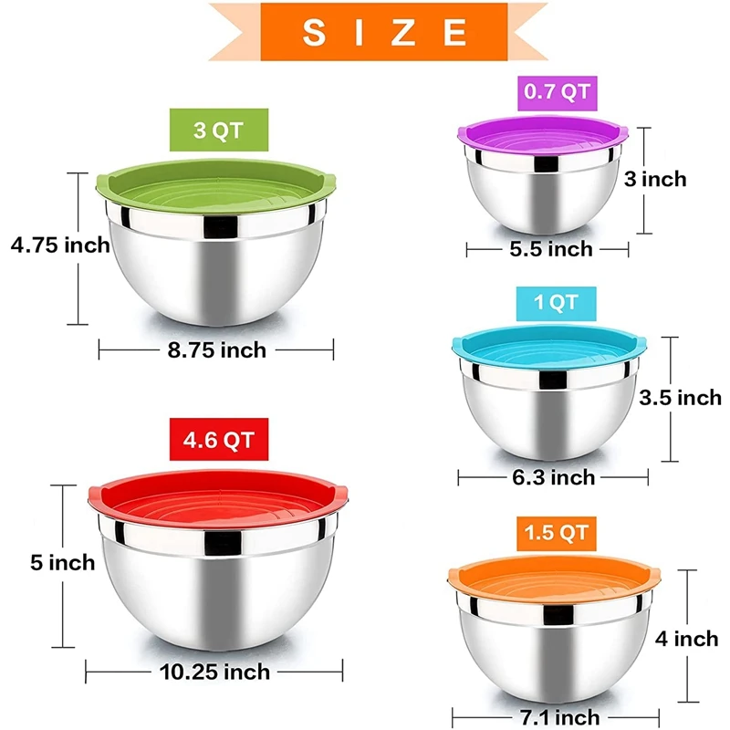 

Mixing Bowl With Lid Set Of 10, Stainless Steel Nesting Salad Bowl Set For Prepping, Mixing And Serving