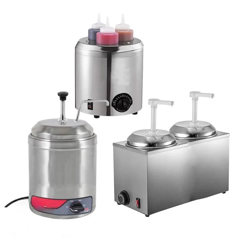 Electric condiments, toppings, chocolate and sauce warmer with spout and pump