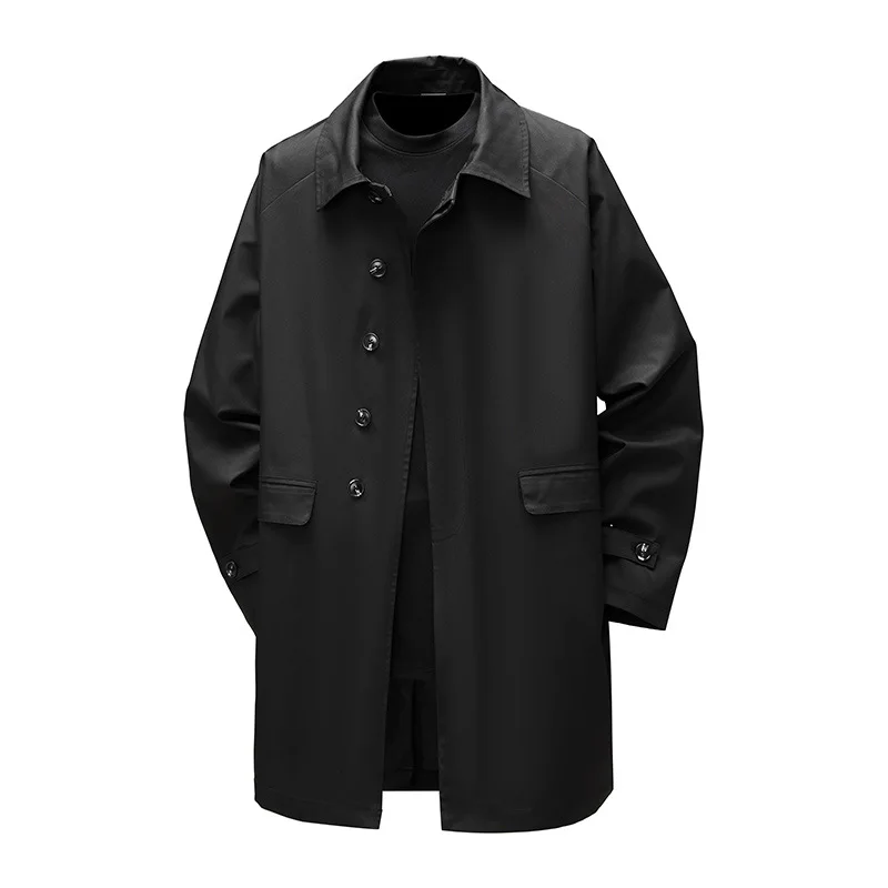 

T77 Men's Large Size Windbreaker Coat Waterproof Long Lapel Straight Button Slimming Mid-Length Faion Urban Polyester Fiber