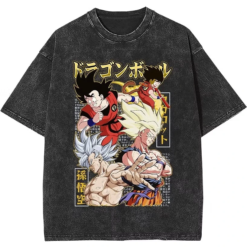 

Футболка Dragon Ball 2026 Summer Vintage из выстиранного хлопка, оверсайз, в уличном стиле, с изображением Сон Гоку: от ребенка до Супер Сайяна