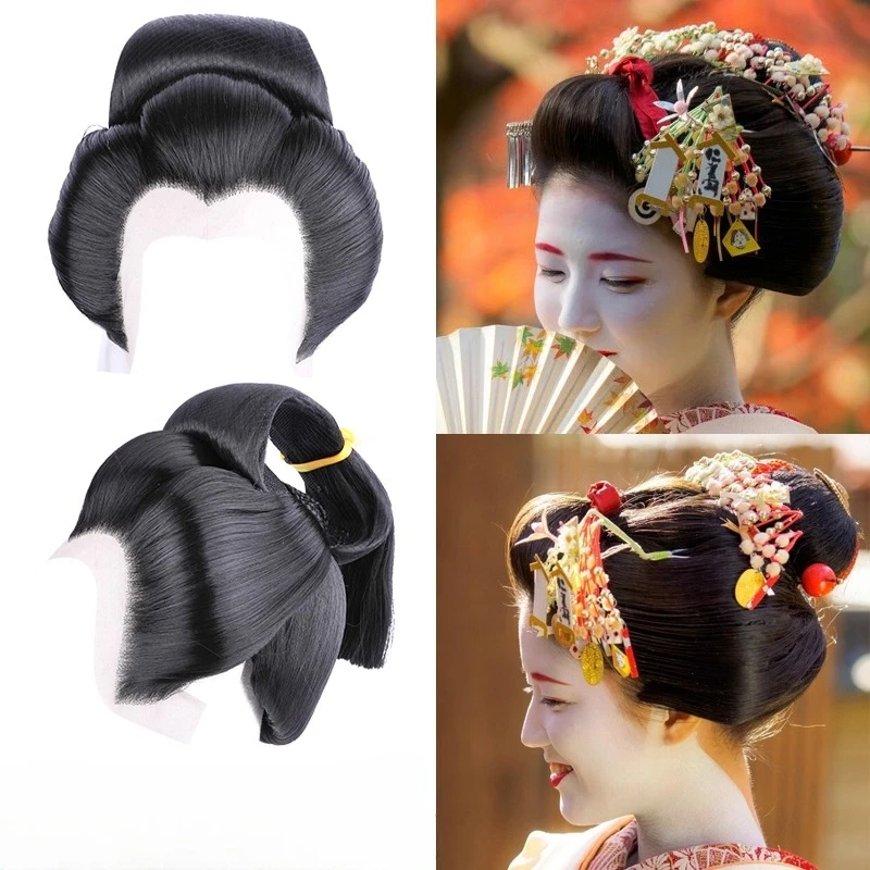 Japanese Geisha Cosplay Wig for Women Classic Retro Style Photography Accessories Movie Play Headdress Party Dress Up