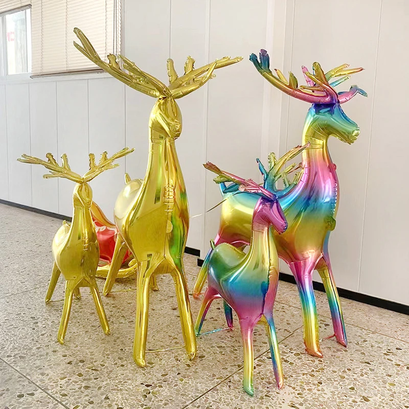 2pcs Elk Foil Balloons Set 4D Christmas Standing Deer Balloon Xmas Rainbow Deer Christmas Balloons Party Decoration Inflatable B