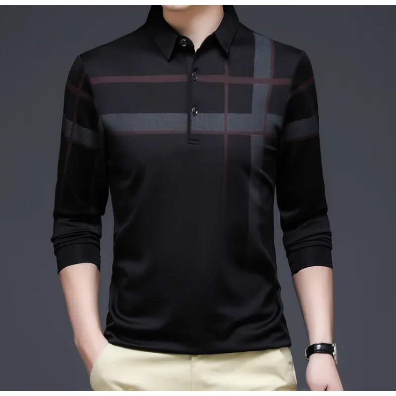 New Arrivals 2024 Autumn Long Sleeved T-shirt POLO Printed Casual Men\'s Striped Loose Thin Trendy Shirts Polo Shirt