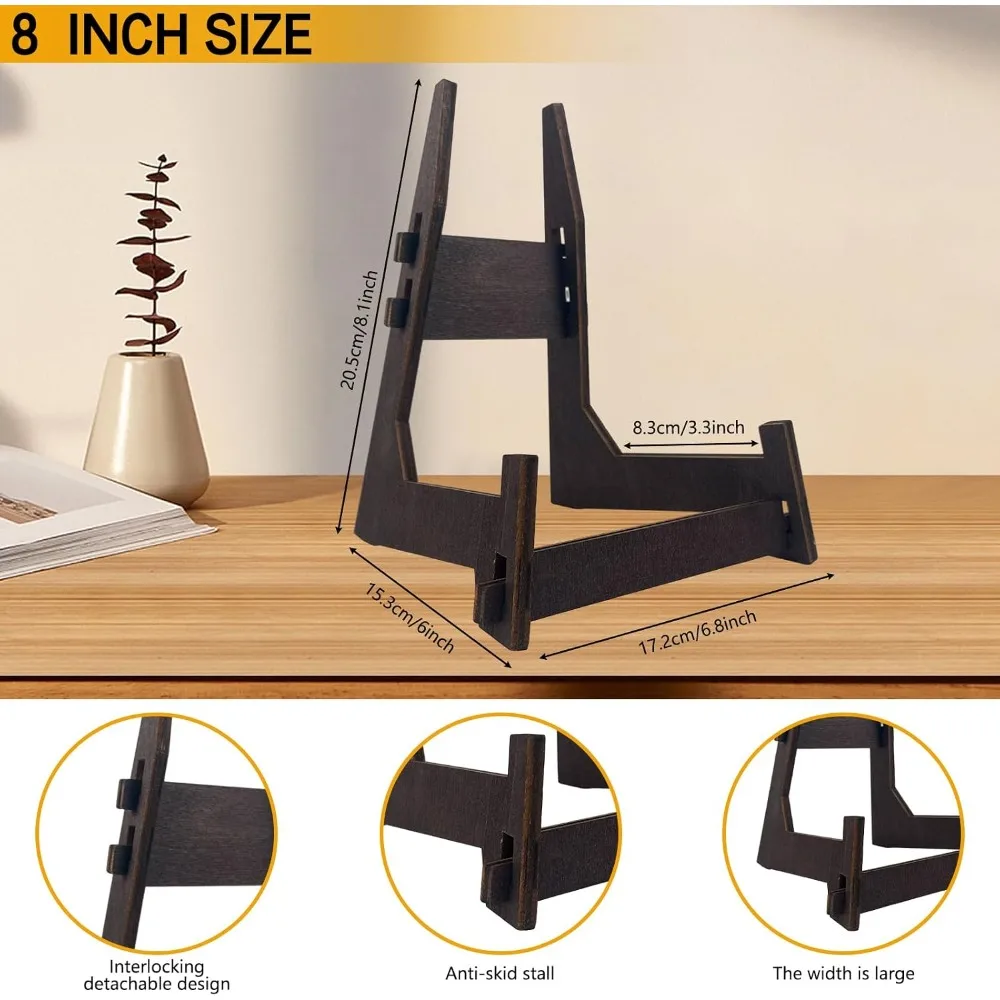 2 Pack 8" Wooden Plate Stands - Display Holder for Photos, Books, Plaques, Bowls | Tabletop Decor view 3
