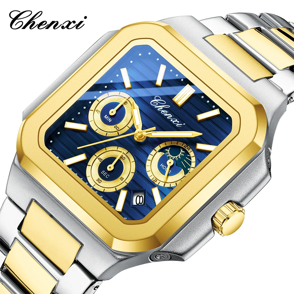 CHENXI Orologi d'oro da uomo Calendario luminoso con fasi lunari Orologio da uomo al quarzo Cronografo da uomo impermeabile da lavoro