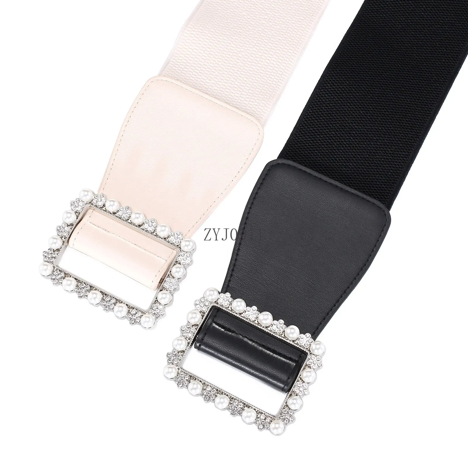 1pc Cintura da donna Cintura modellante con fibbia di perle alla moda Cintura elastica elastica versatile Cintura in vita larga in pelle PU con abito Coa