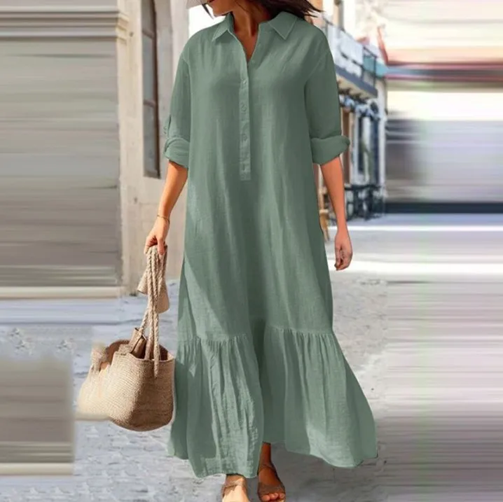 Women\'s Long Dresses Button Down Long Sleeve Vestidos Cotton Linen Lapel Solid Color Retro Oversized Layer Plus Size Maxi Dress