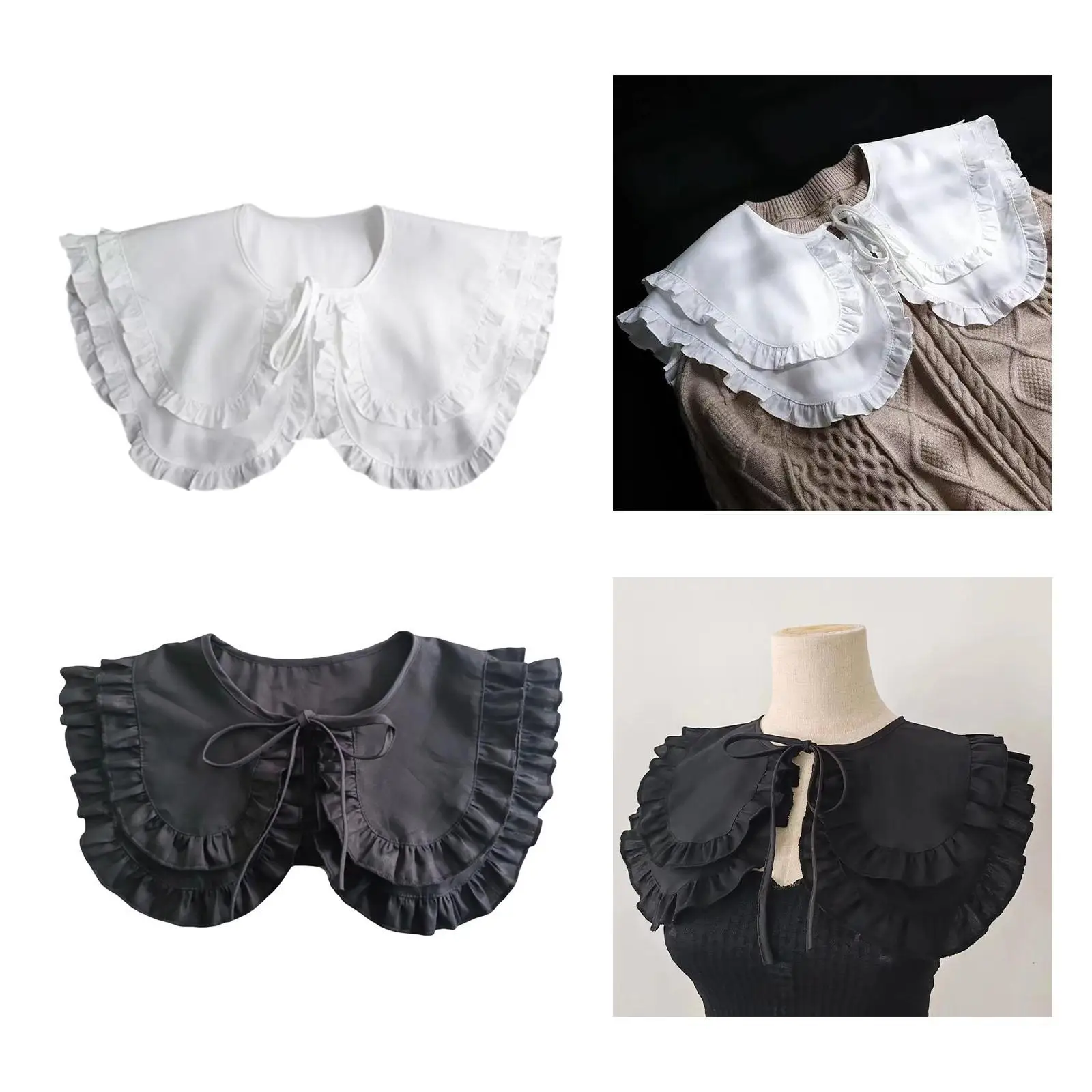 Double Ruffle Detachable Neck Collar Lace Up White Faux Cape Polyester Comfortable for Trendy Women's Sweater Blouses