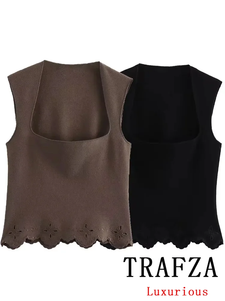 TRAFZA Vintage Chic Women Vest Solid Sleeveless Square Collar Knitted Short Sweaters Y2K Girl Fashion 2024 Autumn Female Tops