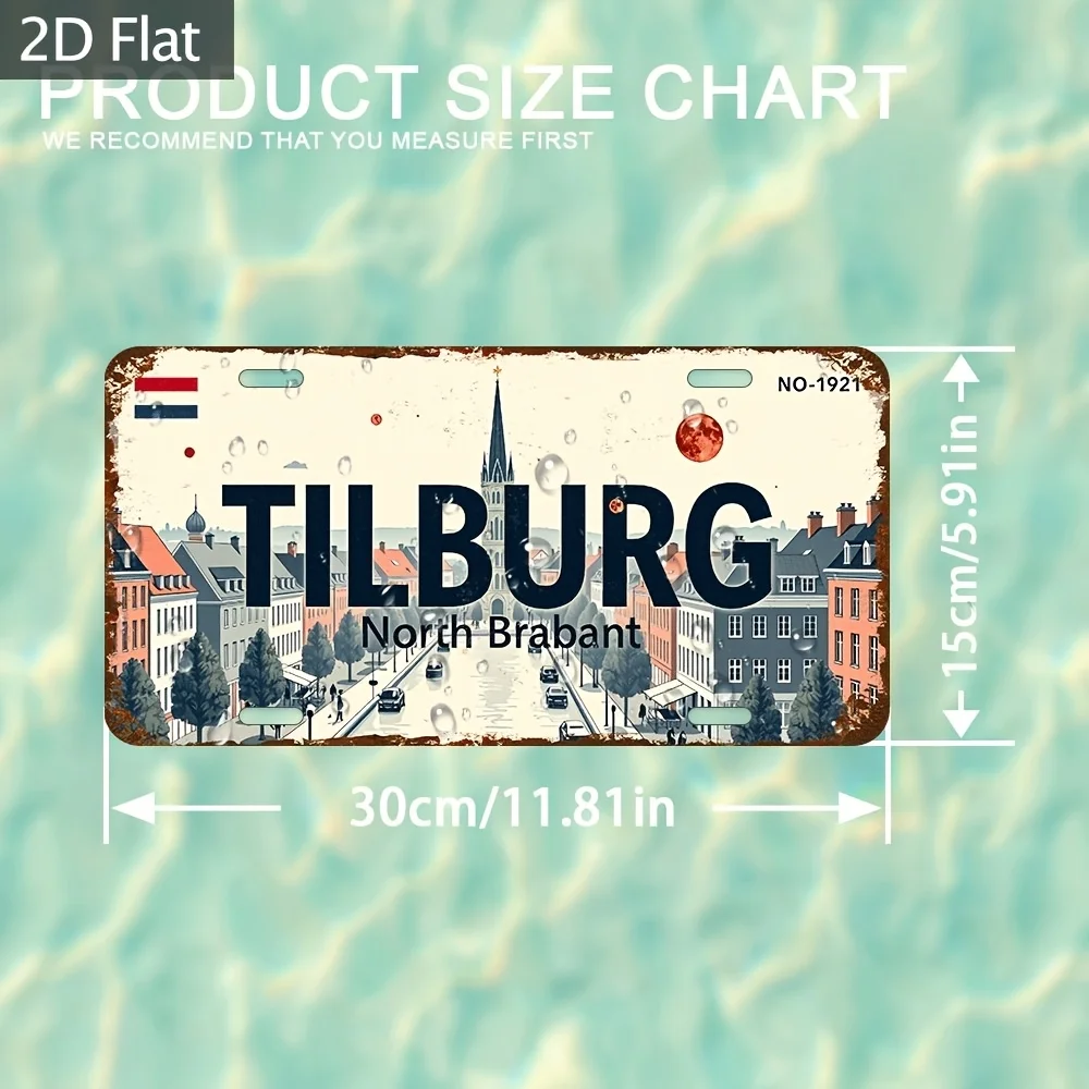 2D Flat, Vintage Dutch Tilburg City Wall Art Plaque - Aluminum Metal Sign Suitable for Cafe, Bar, Library
