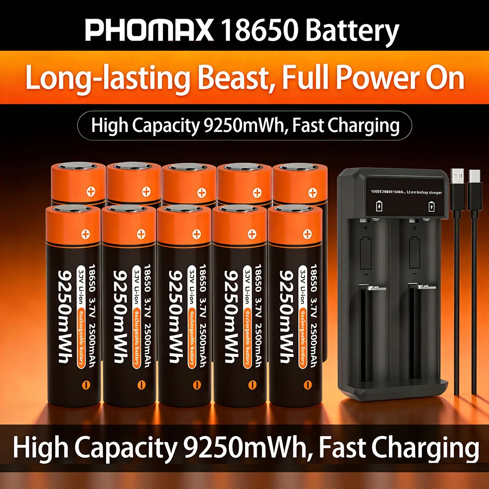 

PHOMAX 18650 Battery 3.7V 2500mAh Lithium Rechargeable Battery 18650 Charger For Headlamp Mini Audio System Remote Control Car